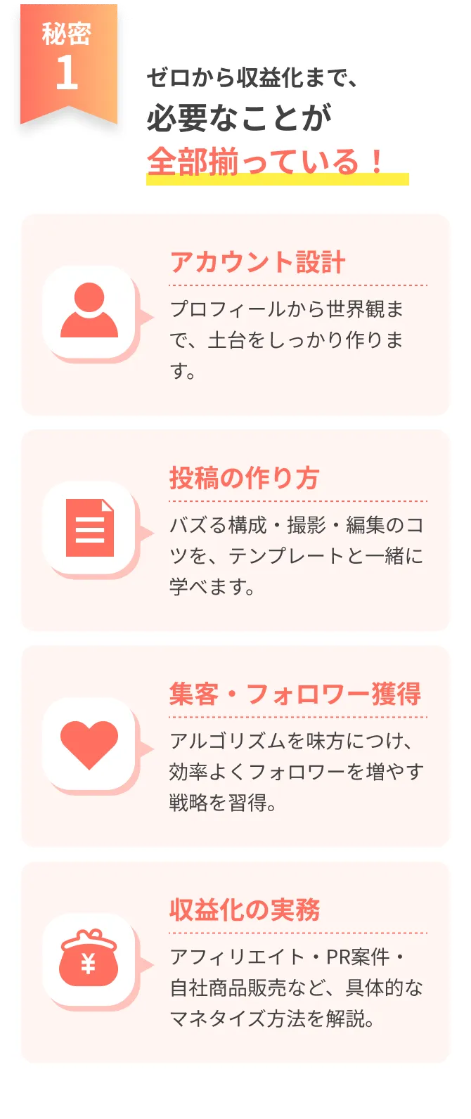 ゼロから収益化まで、必要なことが全部揃っている！